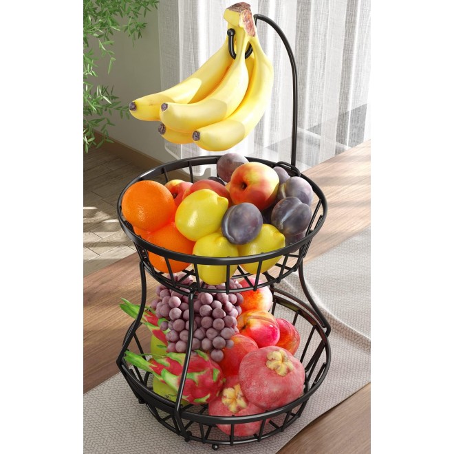 2-Tier Fruit Basket Bowl Stackable Vegetable Storage with Banana Tree