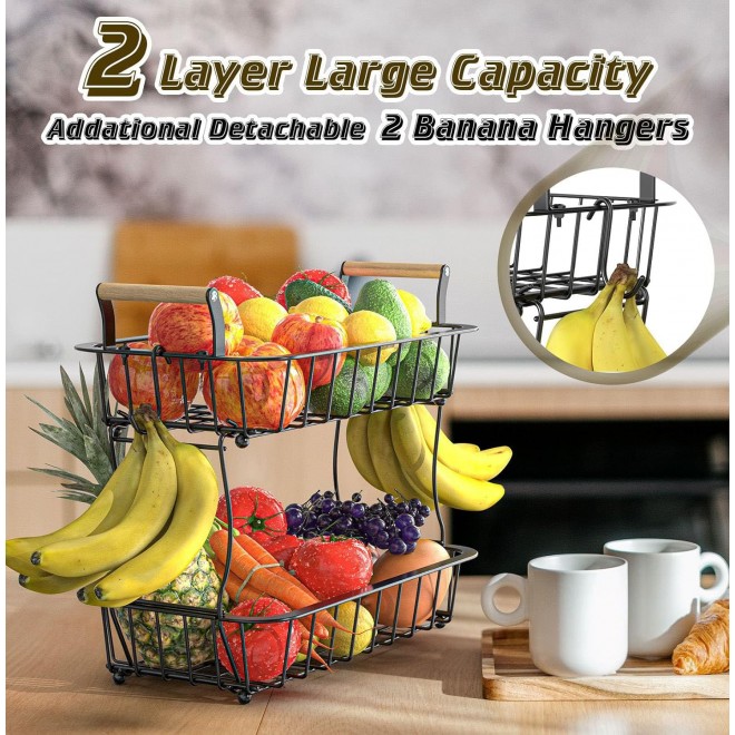 2 Tier Fruit Basket for Kitchen Counter with 2 Banana Hangers, Fruit B