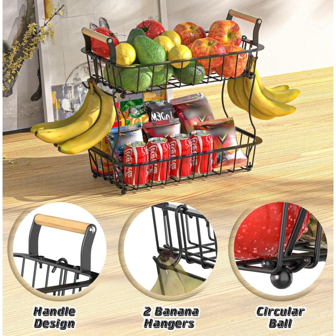 2 Tier Fruit Basket for Kitchen Counter with 2 Banana Hangers, Fruit B