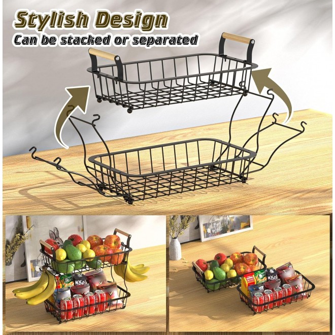 2 Tier Fruit Basket for Kitchen Counter with 2 Banana Hangers, Fruit B