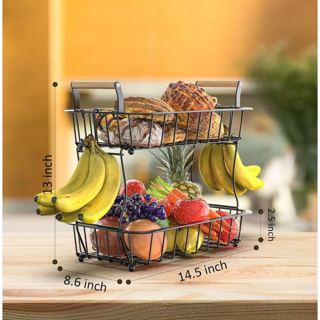 2 Tier Fruit Basket for Kitchen Counter with 2 Banana Hangers, Fruit B