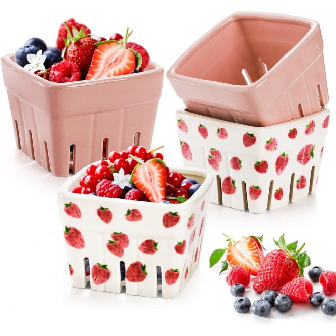 4 Pack Ceramic Berry Basket, Square Fruit Bowls, Kawaii Strawberry Kit