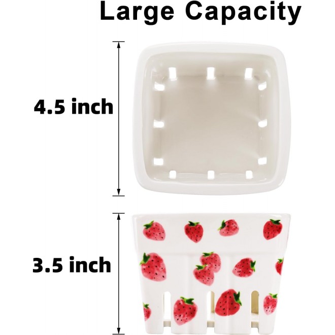 4 Pack Ceramic Berry Basket, Square Fruit Bowls, Kawaii Strawberry Kit