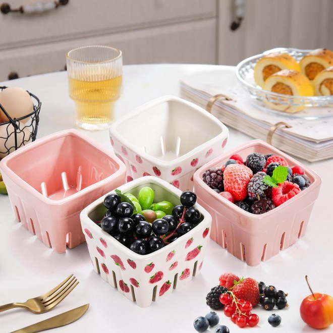 4 Pack Ceramic Berry Basket, Square Fruit Bowls, Kawaii Strawberry Kit