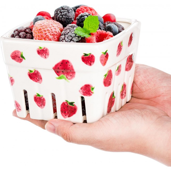 4 Pack Ceramic Berry Basket, Square Fruit Bowls, Kawaii Strawberry Kit