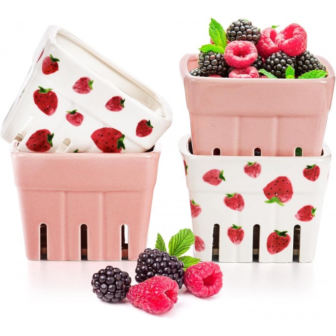 4 Pack Ceramic Berry Basket, Square Fruit Bowls, Kawaii Strawberry Kit