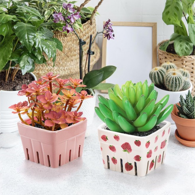 4 Pack Ceramic Berry Basket, Square Fruit Bowls, Kawaii Strawberry Kit