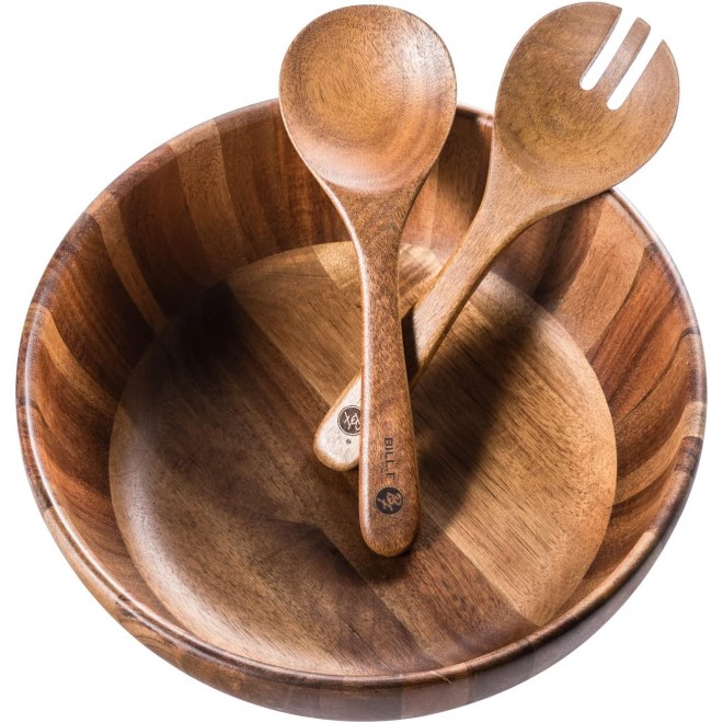 BILL.F Wooden Salad Bowl, 12'' Acacia Wood Salad Bowls Set Large Salad