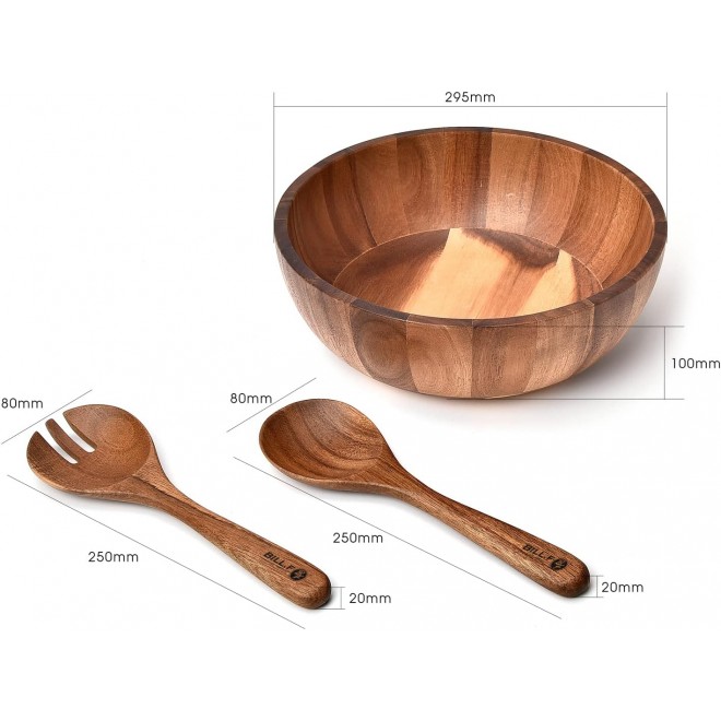 BILL.F Wooden Salad Bowl, 12'' Acacia Wood Salad Bowls Set Large Salad