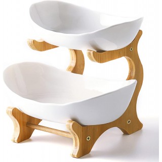 2 Tier Ceramic Fruit Bowl With Bamboo Wood Stand for Kitchen Counter,P