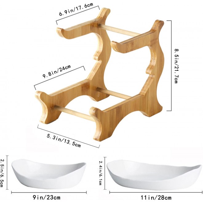 2 Tier Ceramic Fruit Bowl With Bamboo Wood Stand for Kitchen Counter,P