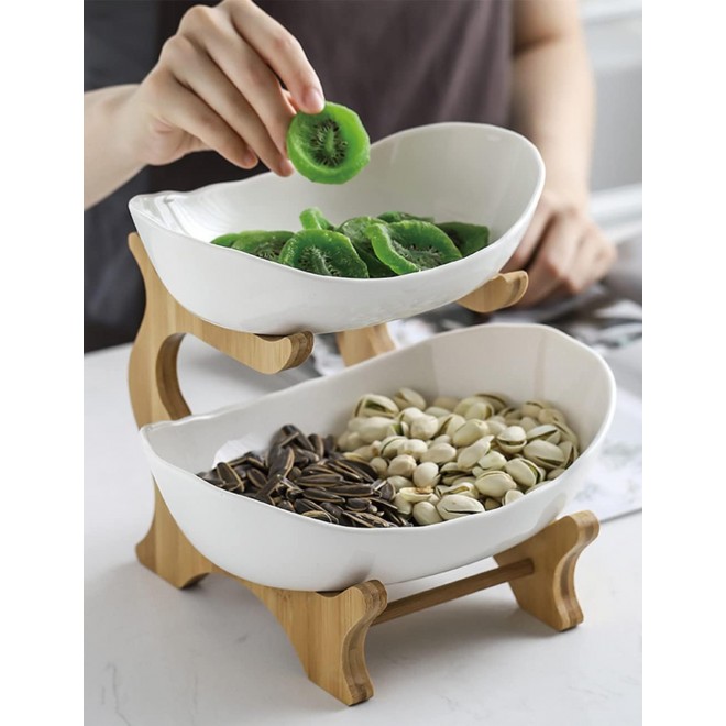 2 Tier Ceramic Fruit Bowl With Bamboo Wood Stand for Kitchen Counter,P