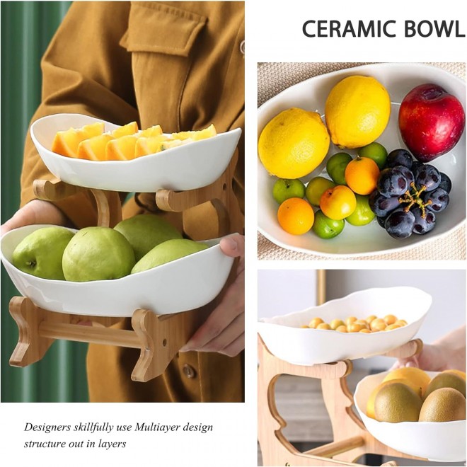 2 Tier Ceramic Fruit Bowl With Bamboo Wood Stand for Kitchen Counter,P