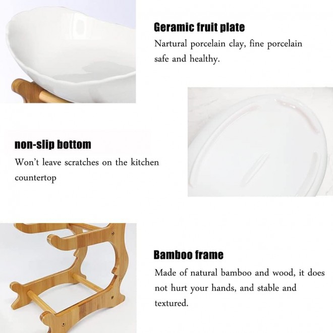 2 Tier Ceramic Fruit Bowl With Bamboo Wood Stand for Kitchen Counter,P