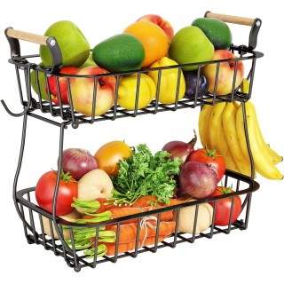 2 Tier Fruit Basket Bowl with 2 Banana Hangers for Kitchen Counter, Co