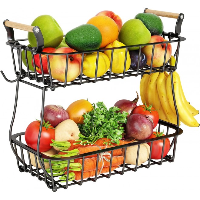 2 Tier Fruit Basket Bowl with 2 Banana Hangers for Kitchen Counter, Co