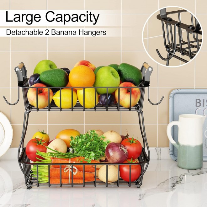 2 Tier Fruit Basket Bowl with 2 Banana Hangers for Kitchen Counter, Co