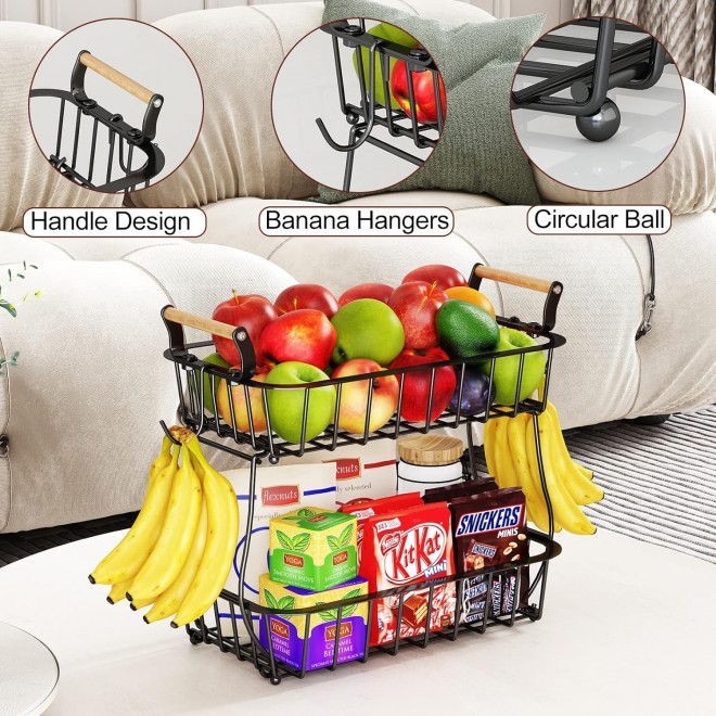 2 Tier Fruit Basket Bowl with 2 Banana Hangers for Kitchen Counter, Co