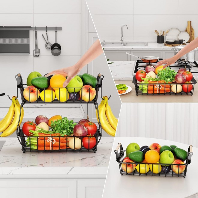 2 Tier Fruit Basket Bowl with 2 Banana Hangers for Kitchen Counter, Co