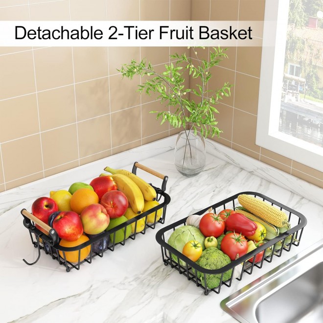 2 Tier Fruit Basket Bowl with 2 Banana Hangers for Kitchen Counter, Co