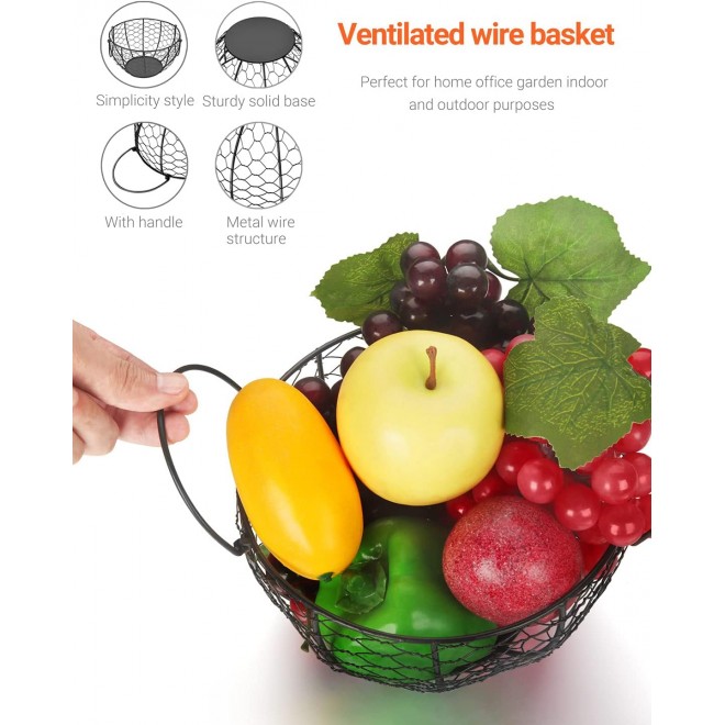 Round Wire Basket Black Fruit Basket Bowl Fruit Holder for Kitchen wit