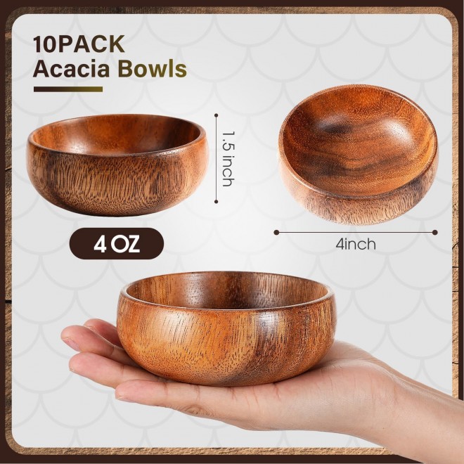 10 Pcs Acacia Wooden Bowls Small Calabash Bowls Round Wood Salad Bowl