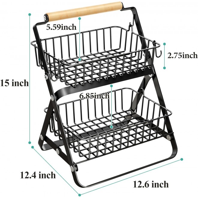 Fruit Basket Bowl for Kitchen Counter - 2 Tier Large Metal Wire Basket