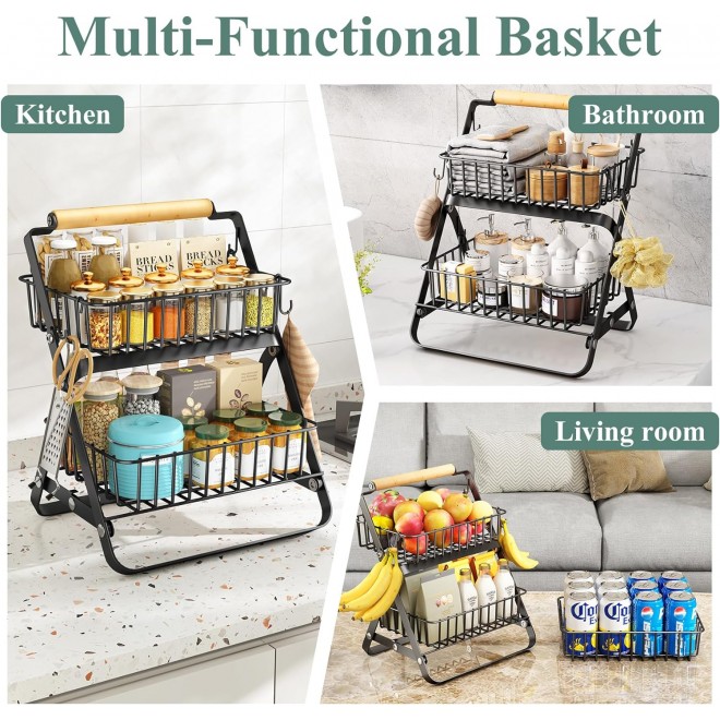 Fruit Basket Bowl for Kitchen Counter - 2 Tier Large Metal Wire Basket