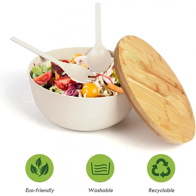 Large Salad Bowl with Lid, Bamboo Fiber Salad Serving Bowl Set with Ut