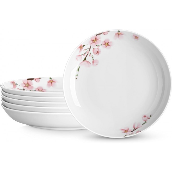 VEWEET Pasta Bowls Set 48 OZ White Serving Bowls with Pink Floral, 10.