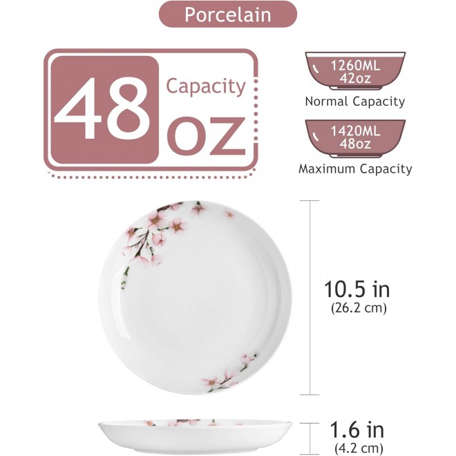 VEWEET Pasta Bowls Set 48 OZ White Serving Bowls with Pink Floral, 10.