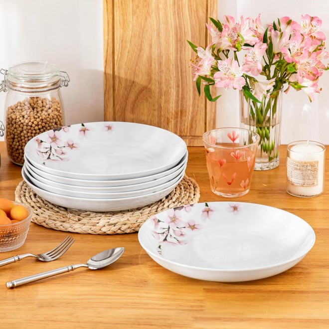 VEWEET Pasta Bowls Set 48 OZ White Serving Bowls with Pink Floral, 10.