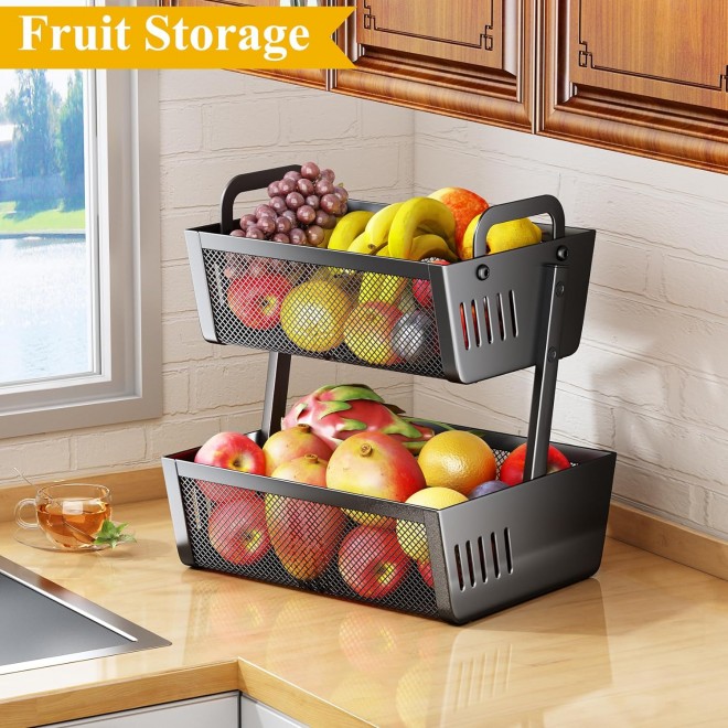 Fruit Basket Bowls For Kitchen Counter - Metal Fruit Stand with Handle