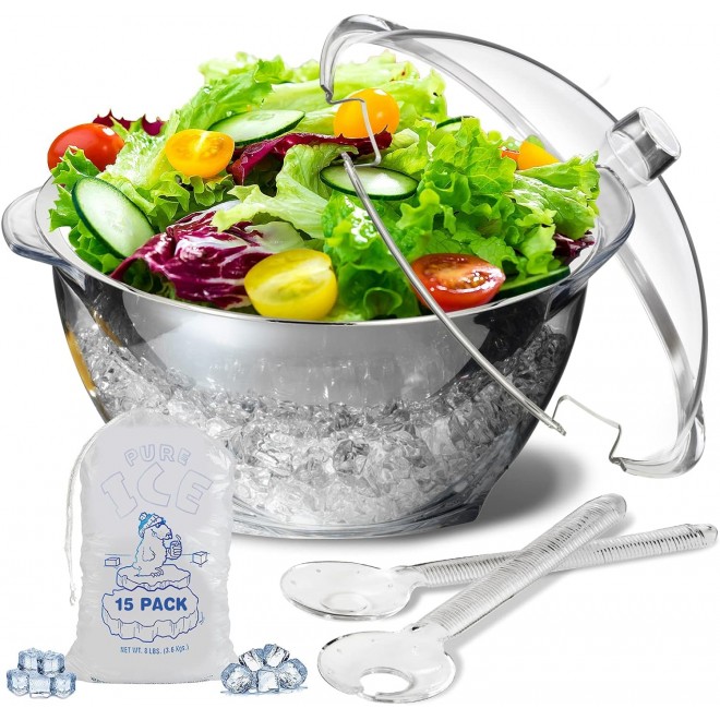 Iced Salad Bowl, 4.5 Qt Large Chilled Serving Bowl with Lid for Partie