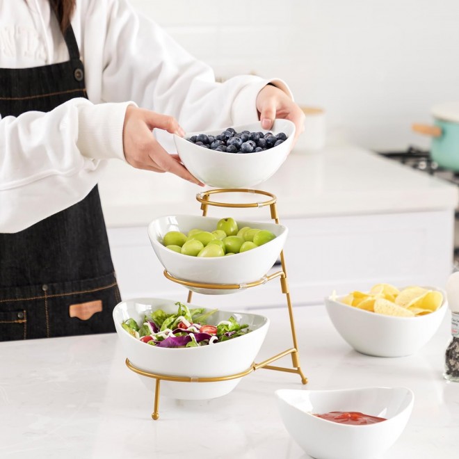 HBlife 3 Tier Oval Bowl Set with Metal Rack, Ceramic Fruit Bowl Servin