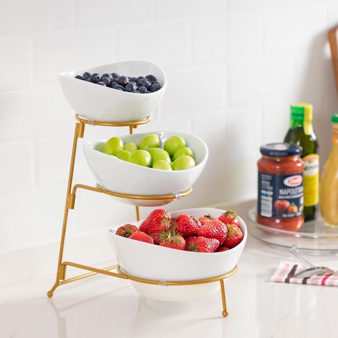 HBlife 3 Tier Oval Bowl Set with Metal Rack, Ceramic Fruit Bowl Servin