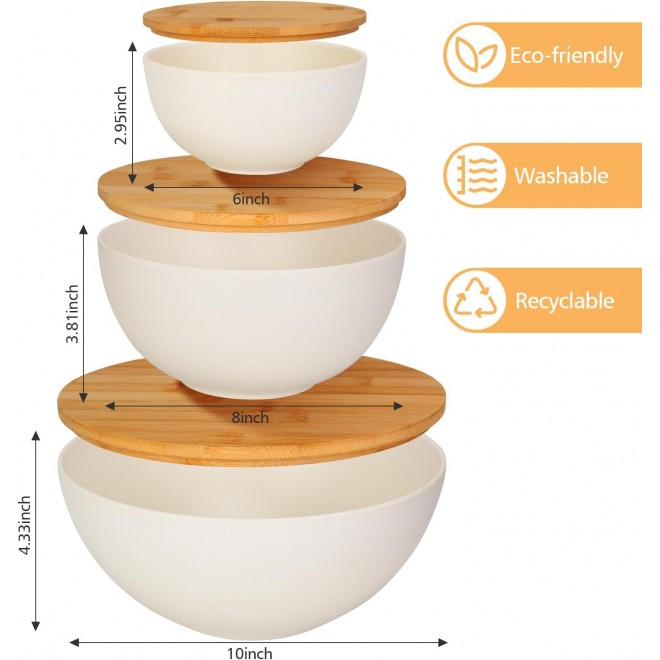 ShineMe Salad Bowl with Lid, Natural Bamboo Fiber Serving Bowls Set of