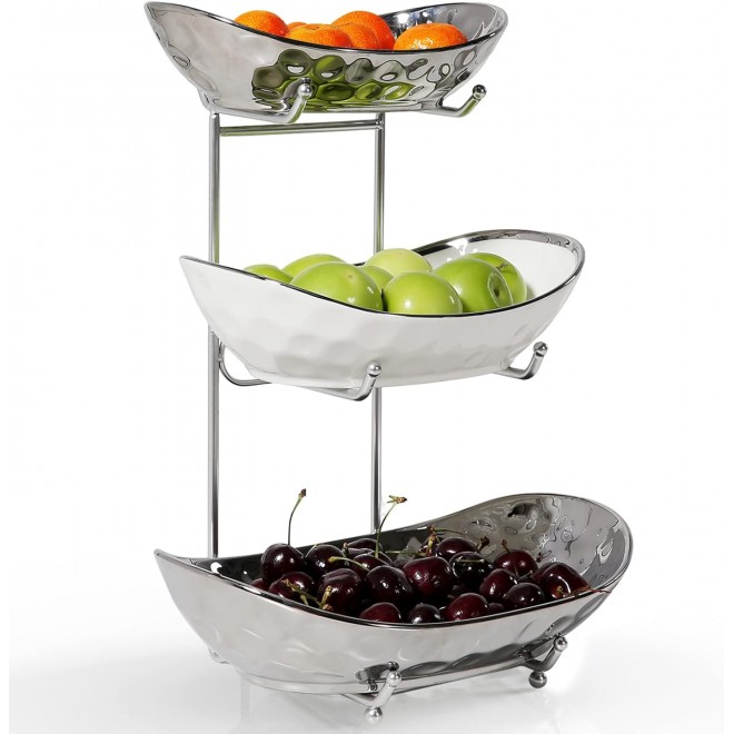 Fruit Bowl, 3 Tier Ceramic Fruit Basket, Serving Stand Serving Bowl wi