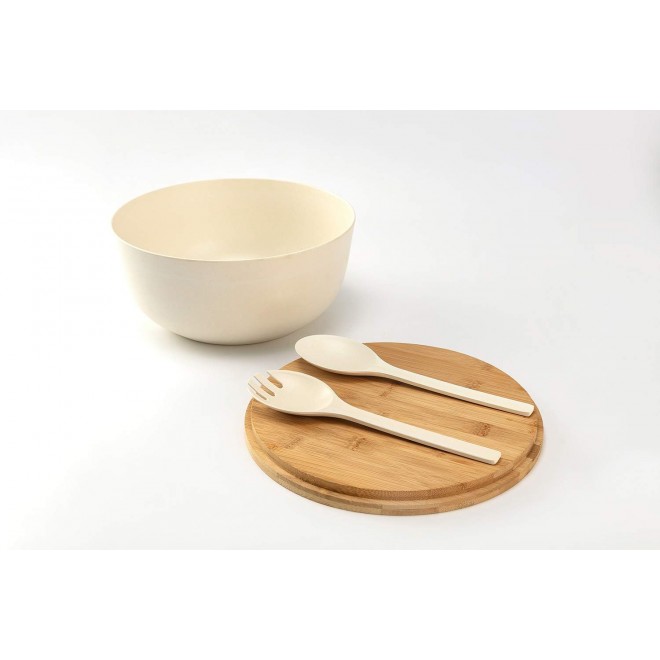 GEHE Bamboo Salad Bowl with Servers Set - Large 9.8 inches mixing bowl