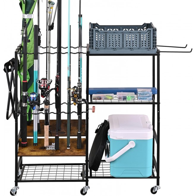 Mythinglogic Fishing Rod Holders for Garage, 12-Rod Fishing Pole Rack Cart with Foldable Plastic Baskets, 3 Tier Fishing Gear Equipment Tackle Storage Organizer Rack, Gifts for Men