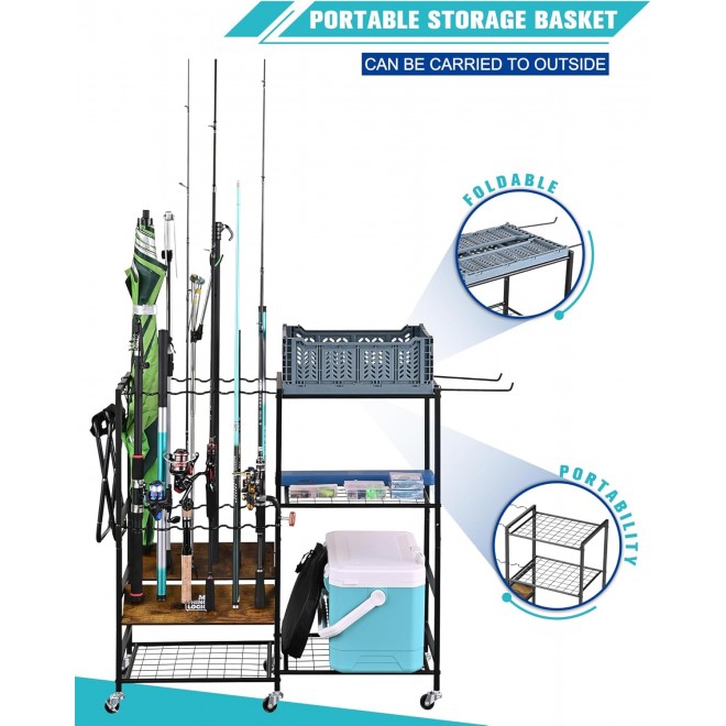 Mythinglogic Fishing Rod Holders for Garage, 12-Rod Fishing Pole Rack Cart with Foldable Plastic Baskets, 3 Tier Fishing Gear Equipment Tackle Storage Organizer Rack, Gifts for Men