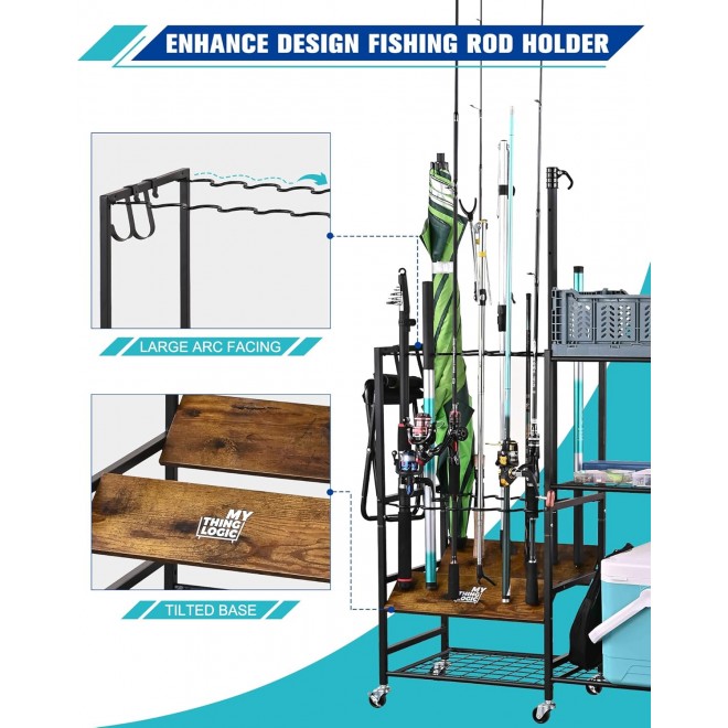 Mythinglogic Fishing Rod Holders for Garage, 12-Rod Fishing Pole Rack Cart with Foldable Plastic Baskets, 3 Tier Fishing Gear Equipment Tackle Storage Organizer Rack, Gifts for Men