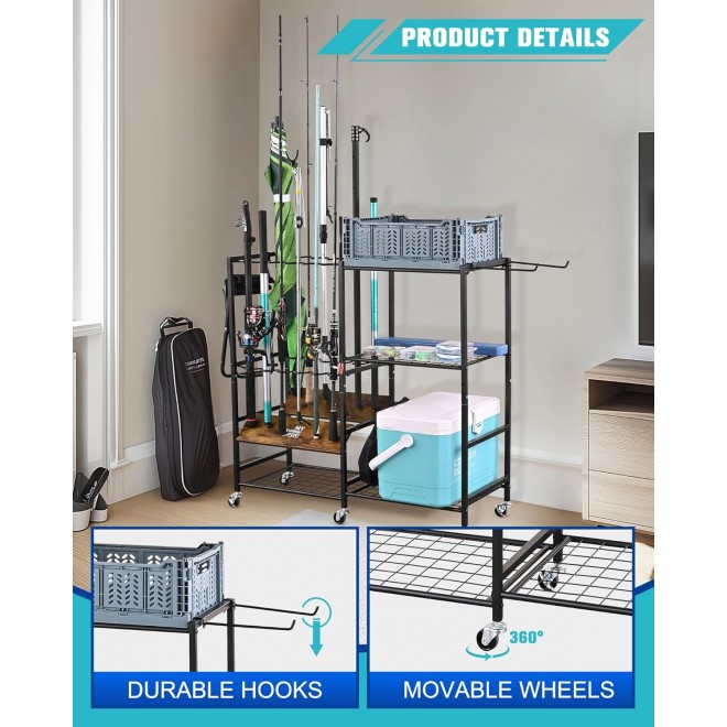 Mythinglogic Fishing Rod Holders for Garage, 12-Rod Fishing Pole Rack Cart with Foldable Plastic Baskets, 3 Tier Fishing Gear Equipment Tackle Storage Organizer Rack, Gifts for Men