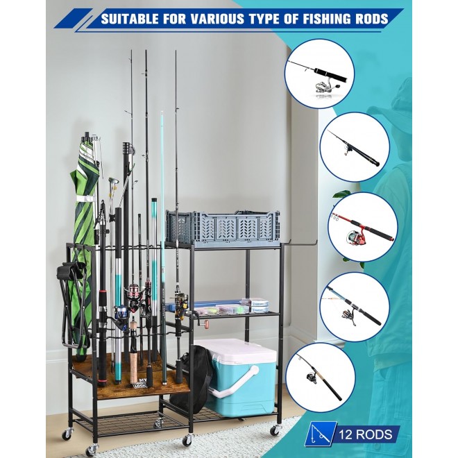 Mythinglogic Fishing Rod Holders for Garage, 12-Rod Fishing Pole Rack Cart with Foldable Plastic Baskets, 3 Tier Fishing Gear Equipment Tackle Storage Organizer Rack, Gifts for Men