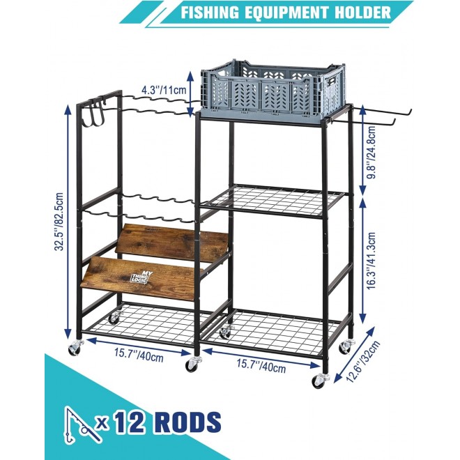 Mythinglogic Fishing Rod Holders for Garage, 12-Rod Fishing Pole Rack Cart with Foldable Plastic Baskets, 3 Tier Fishing Gear Equipment Tackle Storage Organizer Rack, Gifts for Men