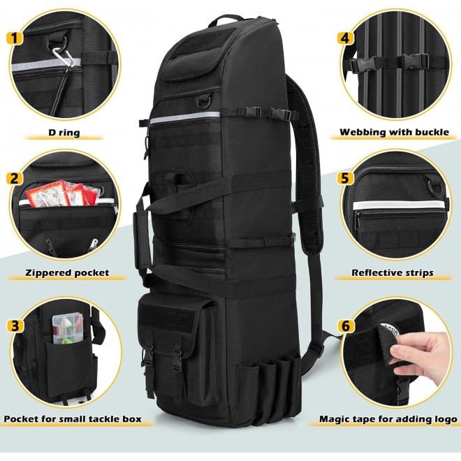 Fishing Backpack Holds 8 Rods & Reels, Fishing Tackle Bag with Compartment for Tackle Boxes, Fishing Gear or Equipment, Fishing Rod Case Bag, Fishing Pole Bag with Tactical Molle System