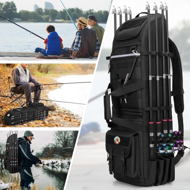 Fishing Backpack Holds 8 Rods & Reels, Fishing Tackle Bag with Compartment for Tackle Boxes, Fishing Gear or Equipment, Fishing Rod Case Bag, Fishing Pole Bag with Tactical Molle System