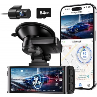 REDTIGER 4K Dash Cam Front and Rear, Touch Screen 3.18 Inch, 64GB Card Included, Car Dash Camera Built-in WiFi GPS, UHD 2160P Night Vision, WDR, Parking Monitor (F7N Touch)