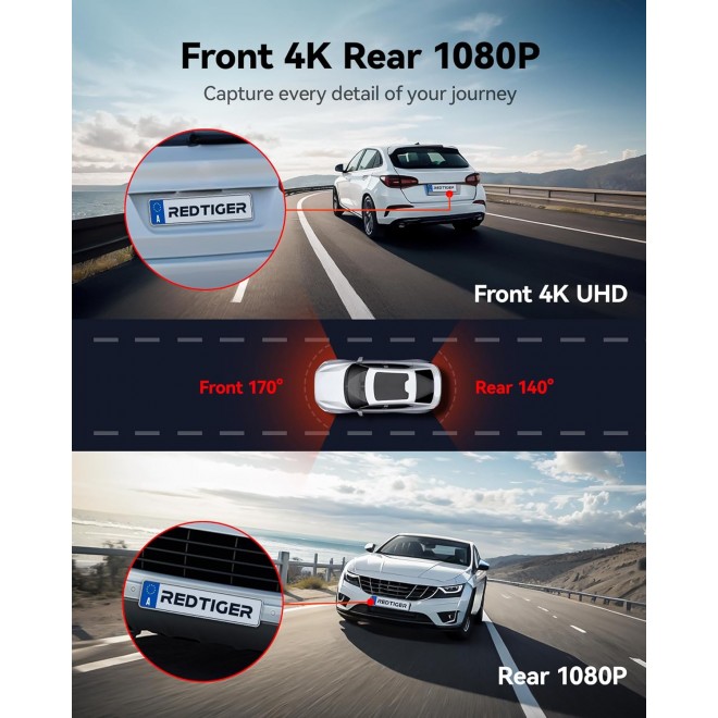 REDTIGER 4K Dash Cam Front and Rear, Touch Screen 3.18 Inch, 64GB Card Included, Car Dash Camera Built-in WiFi GPS, UHD 2160P Night Vision, WDR, Parking Monitor (F7N Touch)