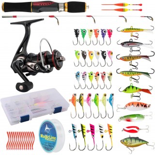 Dr.Fish Ice Fishing Rod and Reel Combo, Ice Fishing Gear Pole Ice Fishing Reel Equipment Set Ice Fishing Backpack Chair Ice Jigs Lures Ice Fishing Accessories